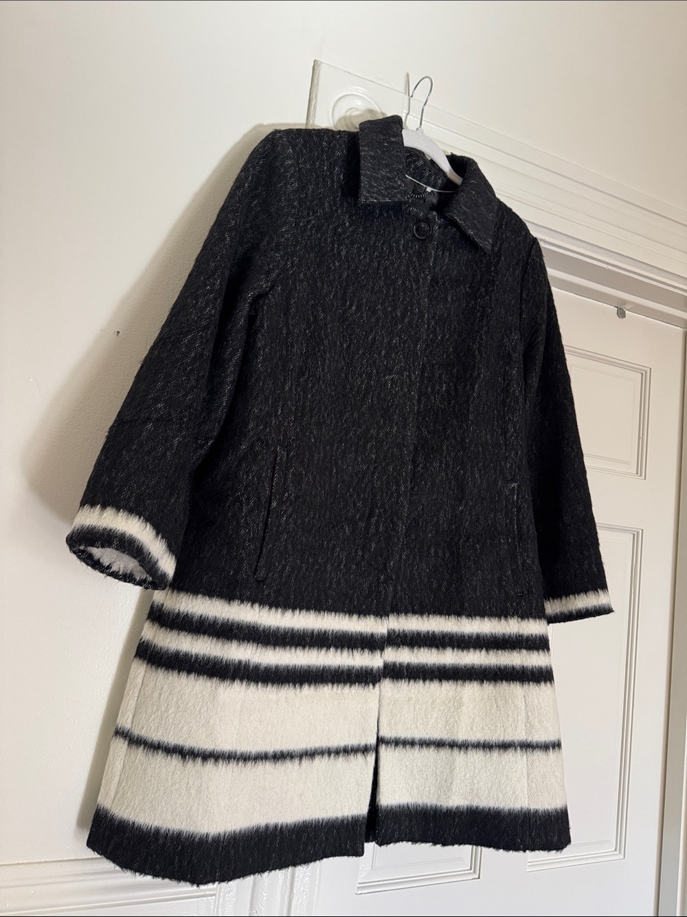 Banana Republic Black Coat with White Striped Hem